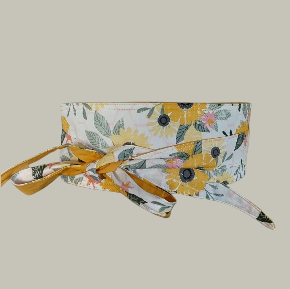 Reversible Obi Belt – Mustard Yellow & Sunflower Floral Wrap | Handmade Cotton B